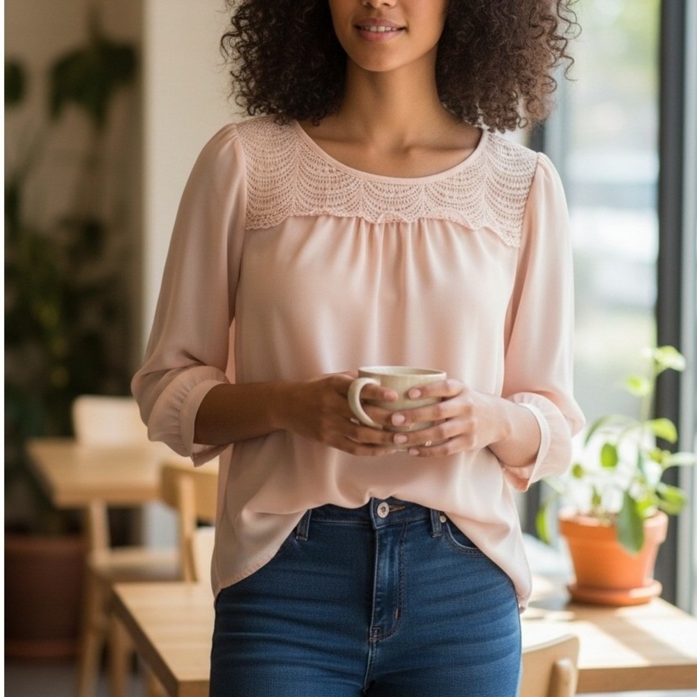 LUSH Pink Crochet Neckline 3/4 Sleeve‎ High Low Blouse Women's Top Lightweight